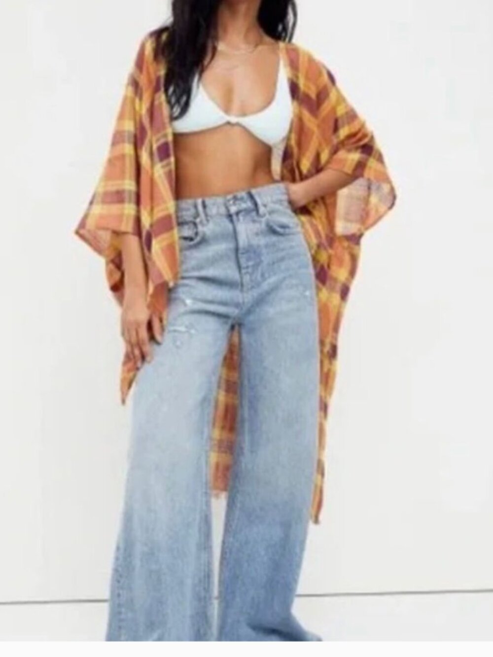 Free People Blossom Plaid Linen Kimono Duster One Size: OS